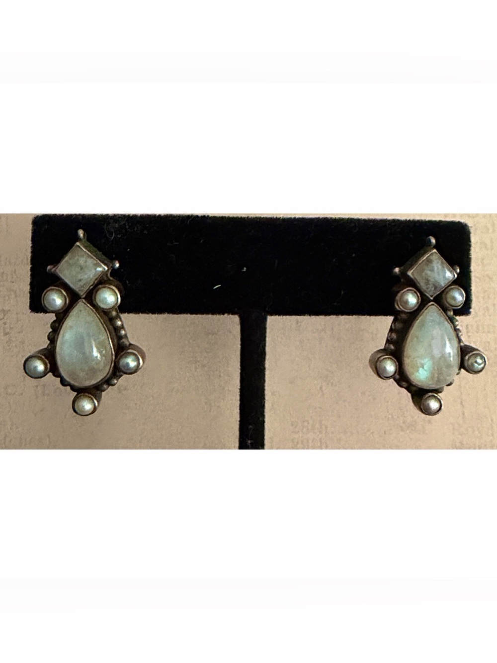 Vintage Nicky Butler Moonstone Pearl Sterling Silver Drop Shaped Stud Earrings